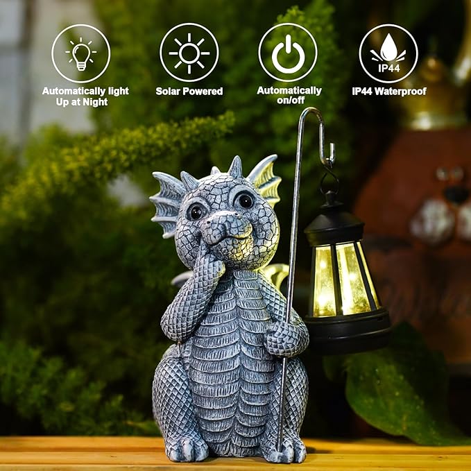Goodeco Dragon Statue with Solar Lantern - Garden Decor for Lawn, Patio, and Yard - 8.3 inches Dragon Gifts & Outdoor Decorations
