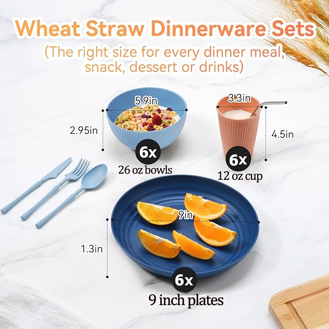 Wheat Straw Dinnerware Sets,42-Piece Plates and Bowls Sets for 6-Unbreakable,Reusable Plastic Dish Set-Dinner Plate/Cereal Bowl/Cup/Utensils-Microwavable Dishwasher Safe 42P-Deep Blue