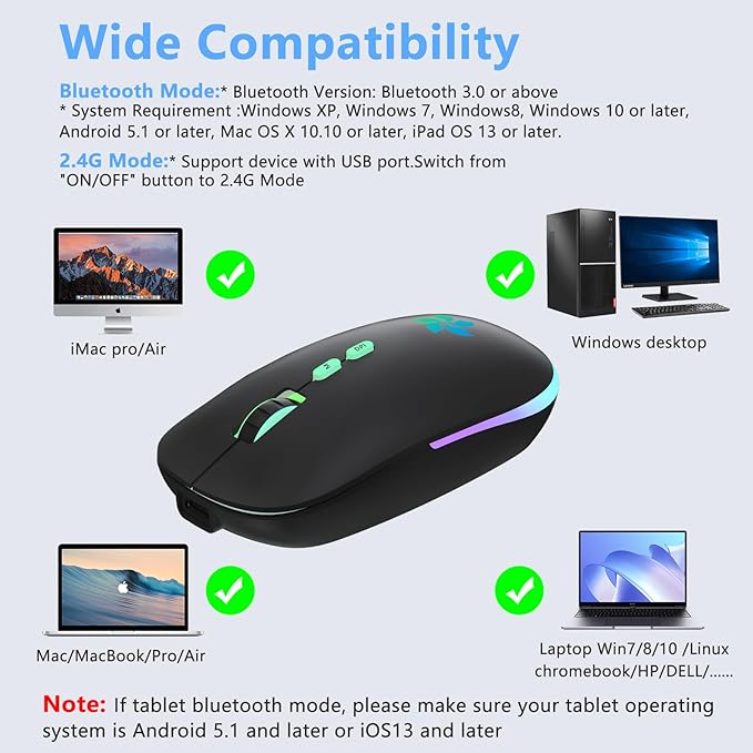 KARFUN Wireless Mouse, 2.4GHz & Bluetooth Two Mode, 7 Color Breathing Lights Computer Mouse for Laptop/MacBook/PC/Tablet/iPad, Rechargeable (Black)