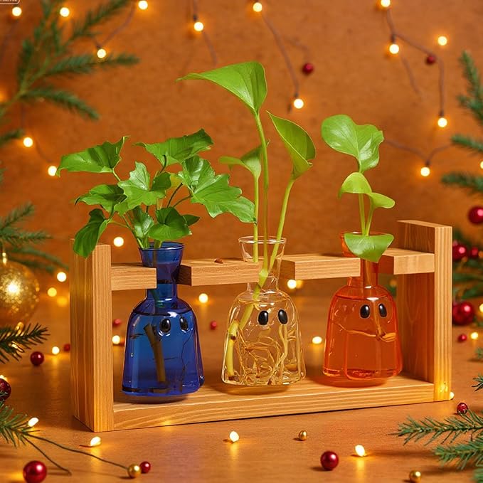 Halloween Plant Propagation Stations Plant Terrarium with Wooden Stand Hydroponics Glass Vase Planter for Halloween Home Office Garden Table Decoration(Ghost)