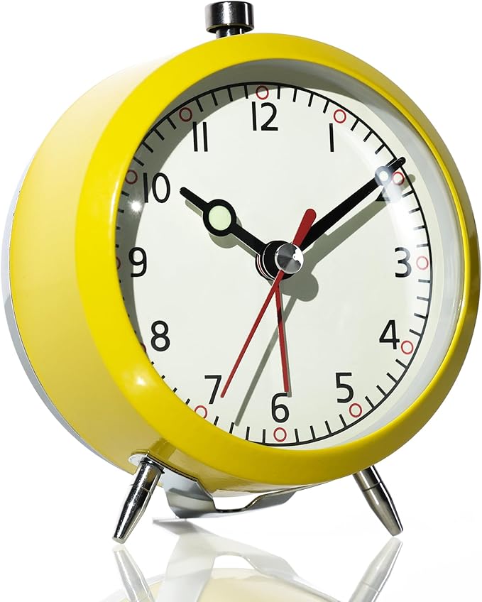 AYRELY® 4" Loud Analog Alarm Clock, Retro Metal Table Clock Battery Operated, Silent Non-Ticking Desk Clock with Alarm Switch Button for Bedroom, Bedside, Shelf, Office (Yellow)
