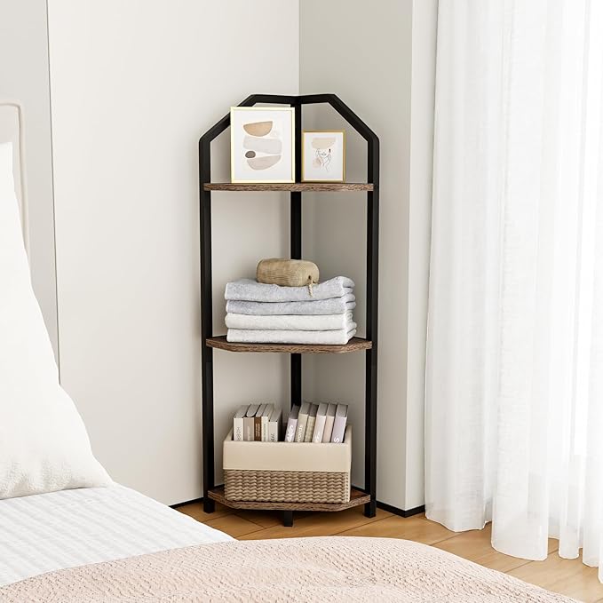 Fun Memories 3 Tier Corner Shelf, 40” Corner Shelf Stand, Corner Bookshelf Plant Stand, Storage Shelf for Bathroom, Living Room, Kitchen,Grey Home Office, Brown