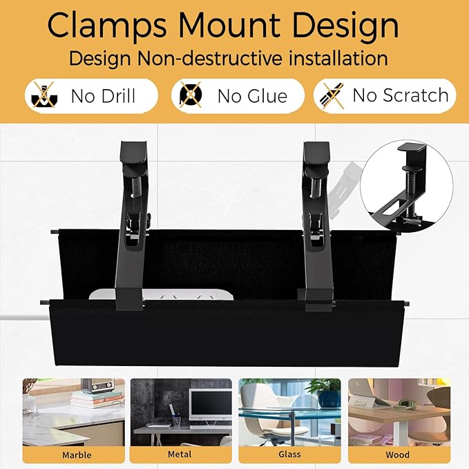 Under Desk Cable Management Tray 15.7" - No Drill Computer Wire Organizer Cable Tray, Fabric Cord Hider Clamp Mount, with 16X Cable Ties PC Cables Management Cord Holder for Office/Home (Black)