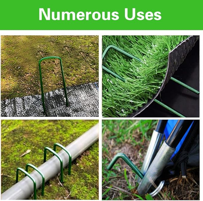 Bakulyor 200Pcs Green Landscape Staples 6 Inch Garden Artificial Turf Stakes Staples, 11 Gauge Lawn Galvanized Ground Fabric Pins for Weed Barrier Sod Decorations Holding Fence and Irrigation Tubing