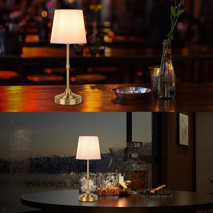 Cordless Rechargeable Table Lamp 5200mAh - Stepless Dimming & 3-Color Temperature, Touch Control Bedside Lamp with Fabric Shade for Bedroom, Patio, Camping, Balcony (Gold)