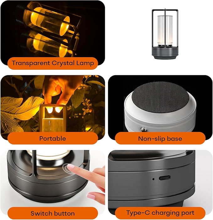 Portable Outdoor Table Lamp, Cordless Dimmable Touch Table Light, Rechargeable Battery Operated Small Lamp with 3 Colors and Brightness Control for Bedroom/Patio/Camping/Bar/Coffee Shop (Grey)