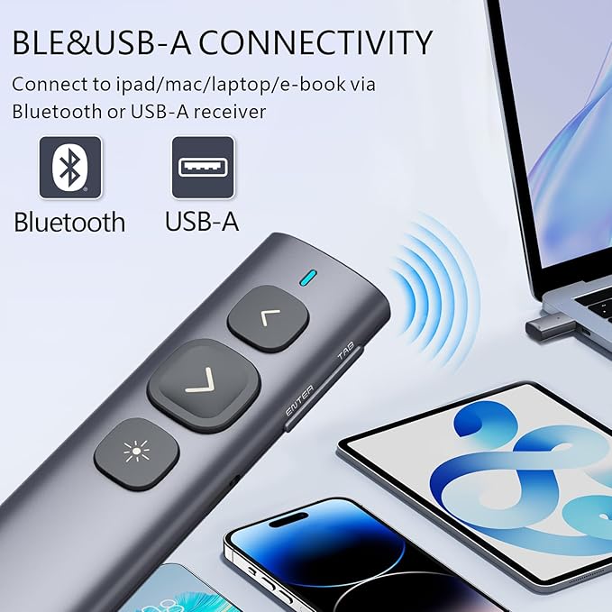 Norwii N95 Bluetooth Presentation Clicker with USB-A Receiver, PowerPoint Clicker for Presentation Remote, Rechargeable Wireless Presenter Pointer, Slide Clicker for PC/Laptop/e-Book(Green, BLE&USB-A)