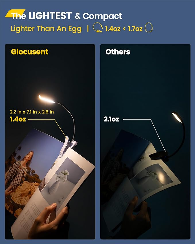 Glocusent Willow Book Light for Reading in Bed, 10LED Bright Reading Light, 3 Colors & 3 Brightness, Rechargeable ,Lasts for 80hr, Lightweight Clip on Book Light, Perfect for Book Lovers