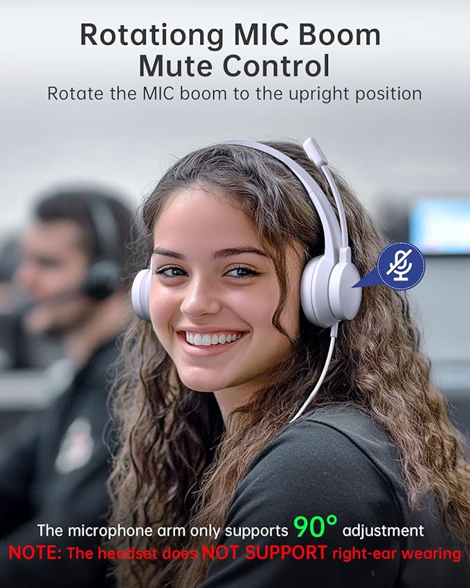 USB Headset with Microphone for PC, Wired Headphones with Mic USB Headset with Noise Cancelling Microphone, Computer Headsets with Microphone for Home Office Online Class Teams Skype (White)