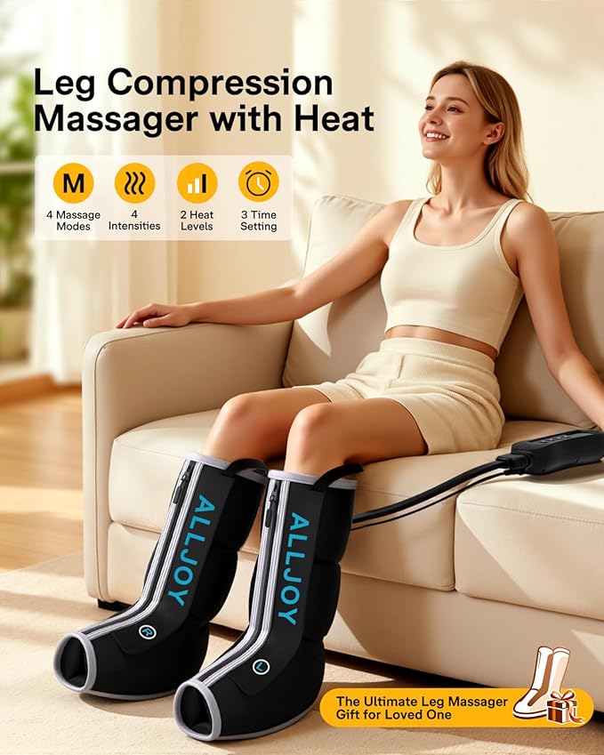 ALLJOY Leg Massager with Heat and Compression, Sequential Leg Compression Massager Boots w/ 2 Heat 4 Mode 4 Intensity, Leg Massager for Circulation and Pain Relief FSA, Christmas Gifts for Men Women