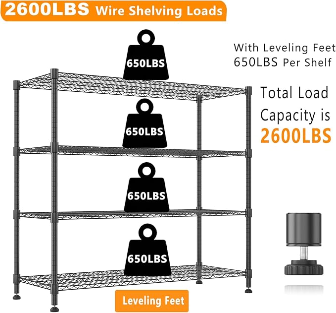 Himimi 4 Tier Wire Shelving with Wheels Heavy Duty Height Adjustable Metal Shelves for Storage, Commercial Grade Steel Utility Wire Rack for Kitchen Garage Pantry Organization-24×48×72, Black
