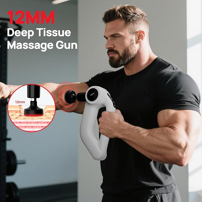 Deep Tissue Massage Gun with Heat, 12mm Amplitude Percussion Massager for Athletes & Muscle Relief, Professional Handheld Masssger Gun for Neck, Back, Shoulder, Leg, Gift for Men, White