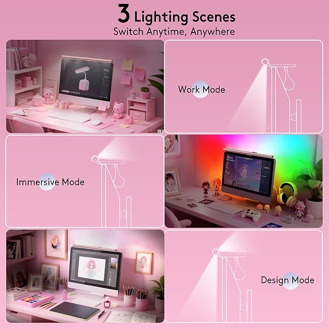 Quntis 20" Pink RGB Monitor Light Bar, 15 Gaming Backlight Modes, Eye-Care No Glare, Adjustable Frontlight Brightness & Color Temperature Remote Control, Modern Aesthetic USB Reading Monitor Lamp