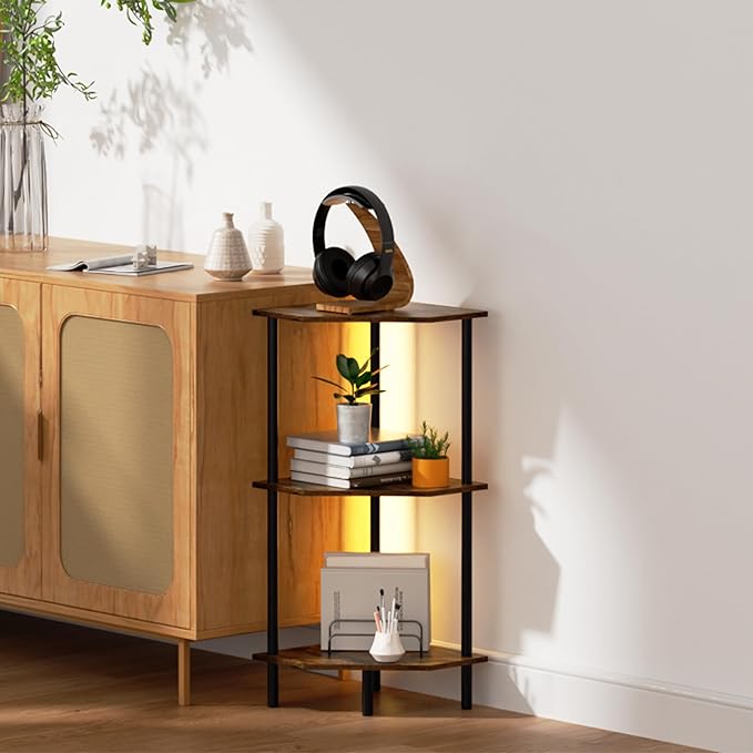Corner Shelf Stand, Storage Standing Shelf Unit with Metal Frame, Narrow Bookshelf with LED Light Brown Plant Display Stand, Multi Unit Organizer Corner Cabinet for Bedroom, Living Room (3 Tier)