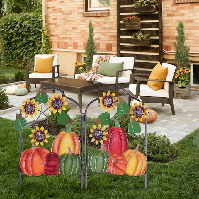 hogardeck Fall Decorations for Home Outdoor, Set of 2 Metal Fence Decorative Garden Stakes with Pumpkin Sunflower for for Fall Decor, Metal Yard Signs for Garden Lawn Patio Thanksgiving Decorations
