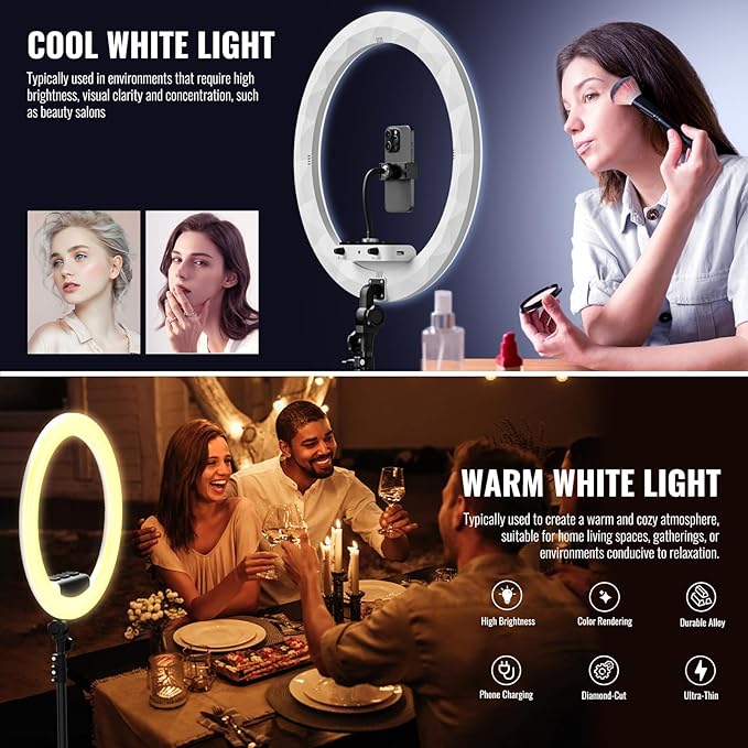 Ring Light with Stand, 19in LED Selfie Circle Light, Max 8ft/2.5m Tripod Stand, 3 Holders for iPhone, Remote Control, 6300K Color Temperature for Live Streaming, Barber, Makeup, YouTube, Tiktok