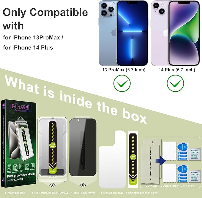 (2-Pack Anti-Spy Privacy Screen Protector for iPhone 13 Pro Max/14 Plus(6.7-Inch),9H Tempered Glass,Full Coverage,Anti-Fingerprint,Auto Dust Removal,Bubble-Free,Easy Installation