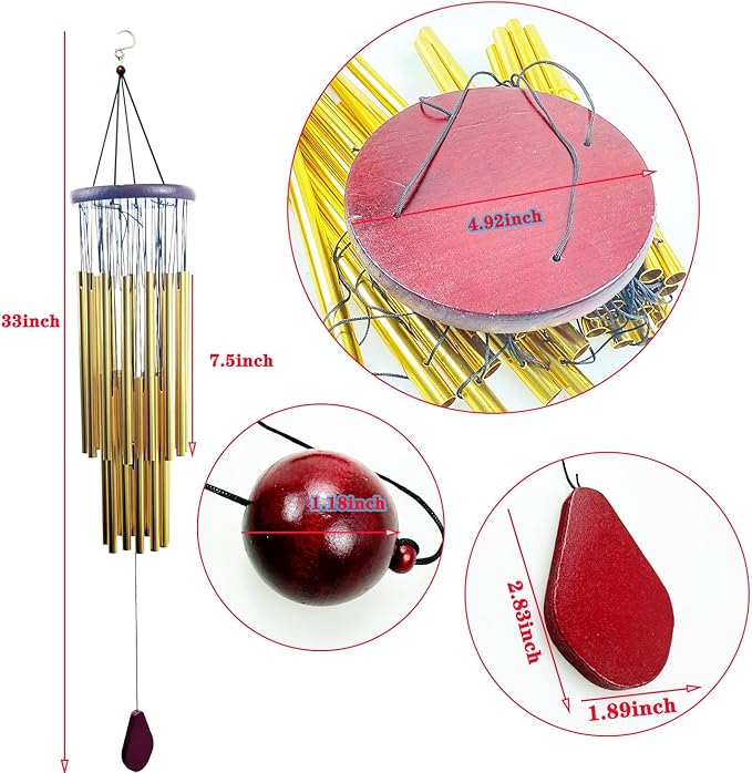 33" Wind Chimes for Outside, Gold Lovely Wind Chimes with 27 Aluminum Tubes Courtyard Decoration for Mother Father Gift Home Decor Garden Patio Balcony