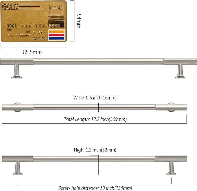 Amerdeco 10 Pack Brushed Satin Nickel Cabinet Pulls 10 Inch(254MM) Hole Centers Kitchen Cabinet Handles Hardware for Cabinets Cupboard Handles Drawer Pulls ZH0071