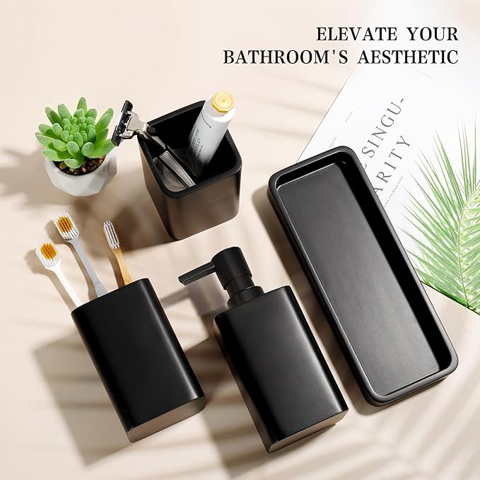 Bathroom Accessories Set, 4 Pcs Bathroom Accessory Set, Soap Dispenser, Toothbrush Holder, Qtip Holder Set, Bathroom Sets Complete, Bathroom Sink Set for Modern Home,Matte Black
