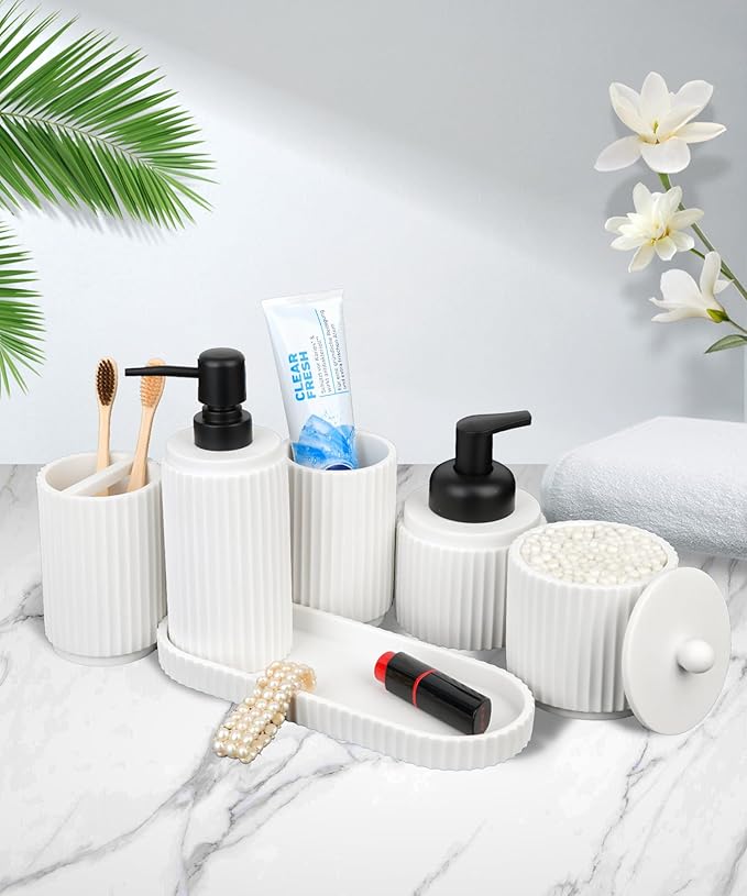 White Bathroom Accessory Set - 6 Pcs: Toothbrush Holder, Lotion & Foaming Soap Dispensers, Qtip Holder, Vanity Tray, Bathroom Tumbler, Countertop Organizer