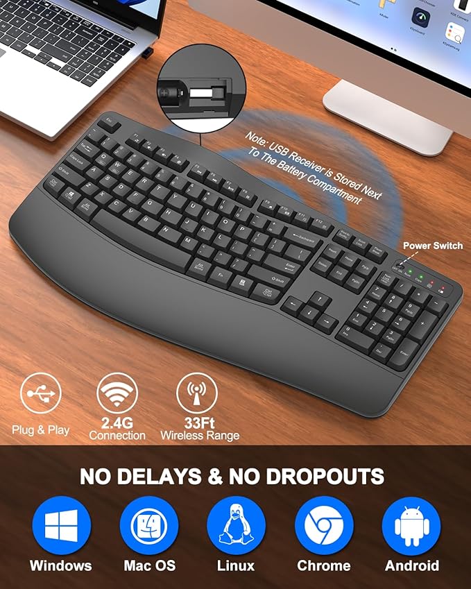 Ergonomic Wireless Keyboard with Wrist Rest, Wave Keys, Comfortable Natural Typing, 2.4GHz Full Size Ergo Wireless Computer Keyboard for Multi-OS, Windows, Mac OS Laptop/PC/Notebook (Gray)