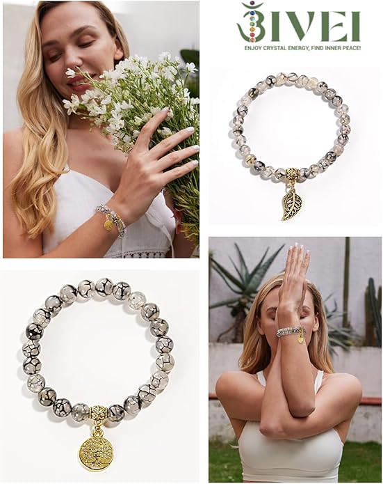 Bivei Natural Semi Precious Gemstone beads bracelet for women - Life Tree and Leaf Charm Energy Reiki Crystal Stretch Bracelets