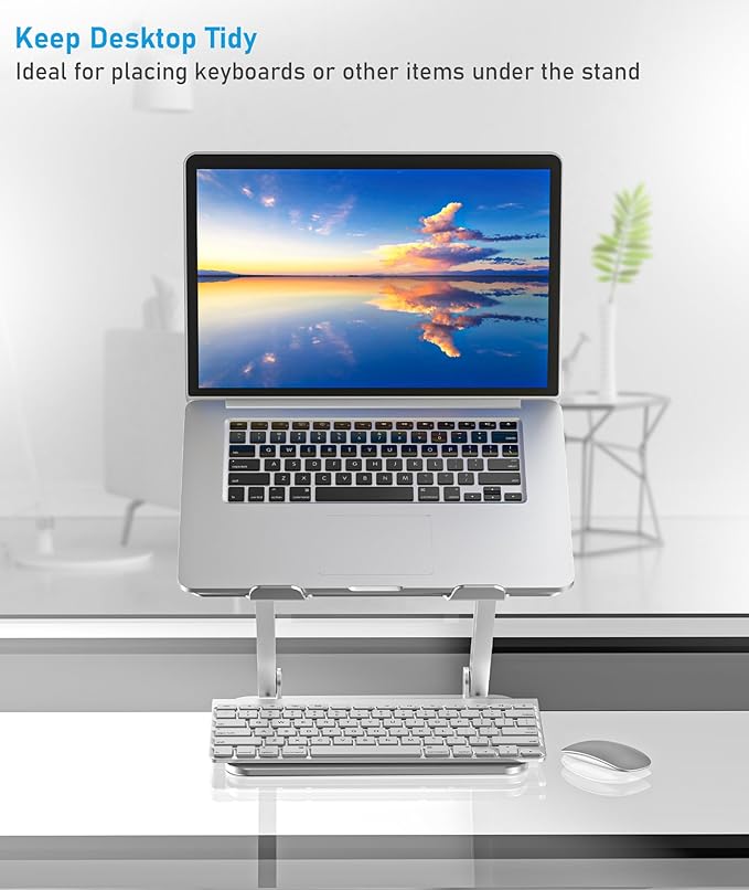 BoYata Laptop Stand, Adjustable Laptop Riser with Slide-Proof Silicone and Protective Hooks, Aluminum Notebook Stand for Laptop up to 15 Inches, Laptop Holder Compatible for MacBook (Silver-2)