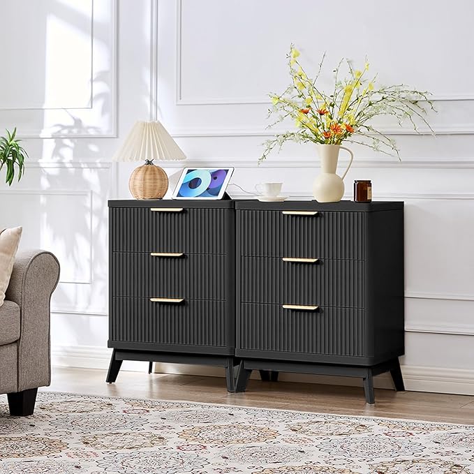 Fluted Nightstand with Charging Station, 23'' Modern Side Table with 3 Large Storage Drawers, Wide Night Stand Bedside End Table Tall Wooden Dresser for Bedroom