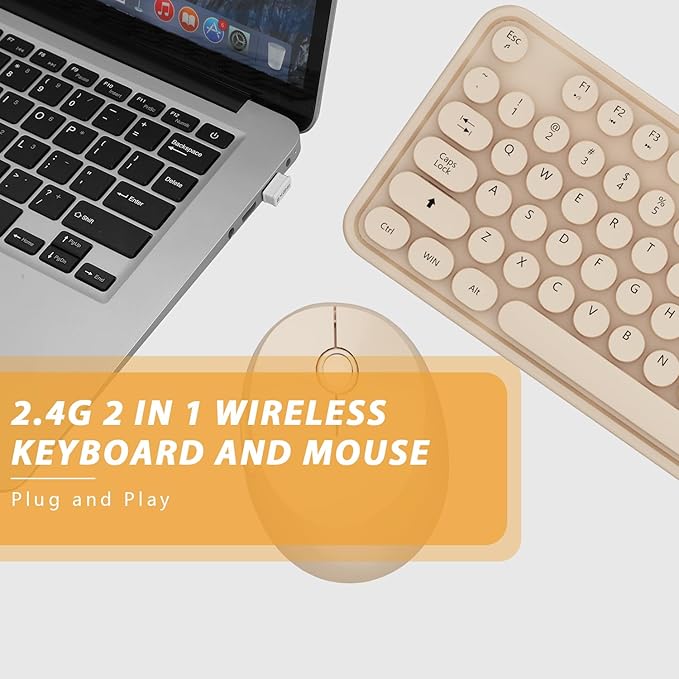 Kootop Wireless Keyboard and Mouse Combo, Cute Colorful 104 Keys Typewriter Retro Round Keycaps Keyboard for PC Laptop,Desktop,Windows, Home and Office Keyboards Coffee