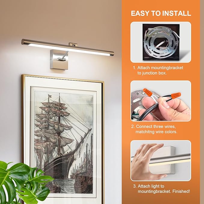 Joosenhouse Modern LED Picture Light Fixtures Dimmable 24.4" Inch Brushed Nickel Artwork Accent Hallway Lighting with Single Swing Arm Full Metal for Paintings,Warm White 3000K, Hardwired Connection