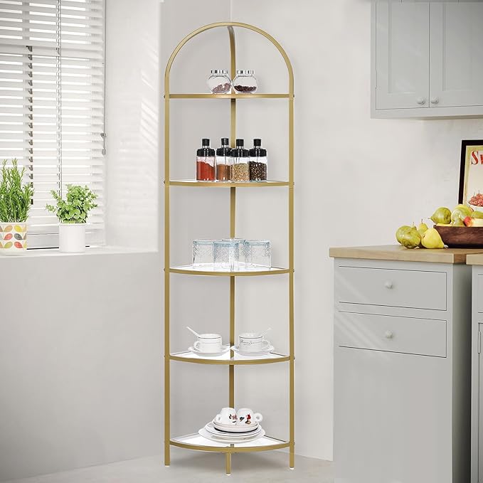 Homhedy 5-Tier Corner Shelf Stand, Metal Corner Bookshelf, Tempered Glass Shelves, Bathroom Storage Rack Shelf, Plant Stand, Modern Style, Golden