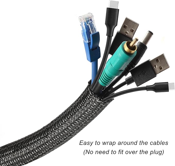 CrocSee 10ft - 1 inch Braided Cable Management Sleeve Cord Protector - Self-Wrapping Split Wire Loom for TV/Computer/Home Theater/Engine Bay - Black