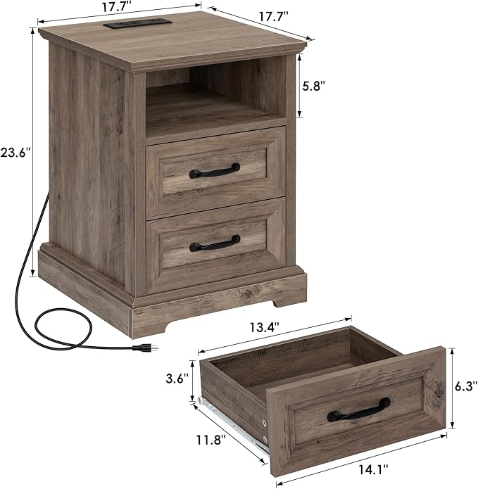 HOMMPA 18'' Farmhouse Nightstand with Charging Station, Bedside Tables with Storage, Bed Side End Table with Open Shelf, 2 Drawers Wood Night Stand Dresser for Bedroom, Living Room, Greige