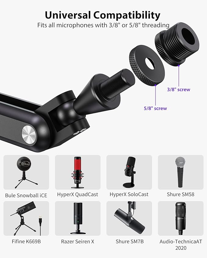 KU XIU Aluminum Alloy Boom Arm Microphone Stand for Desk, Three-Section Adjustable Mic Arm Mount with Cable Management Channels for Desktop Podcasting, Recording, Streaming, Gaming, Home Office-Black