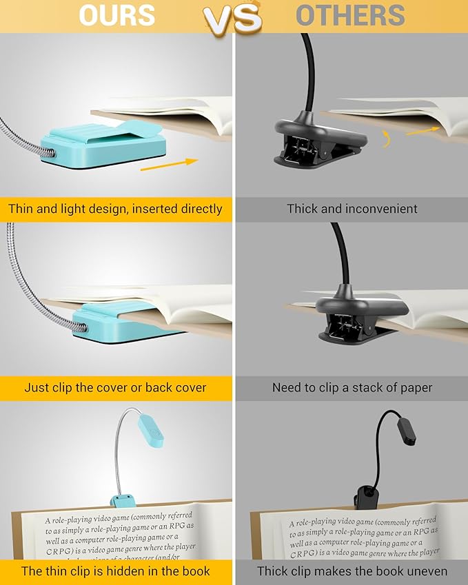 Book Light 2 Pack, Rechargeable Reading Lights for Books in Bed-Eye Caring 3 Colors, Stepless Dimming, 360° Flexible Studying Small Desk Lamp, Lightweight Clip-on LED Night Light for Book Lovers, Kids