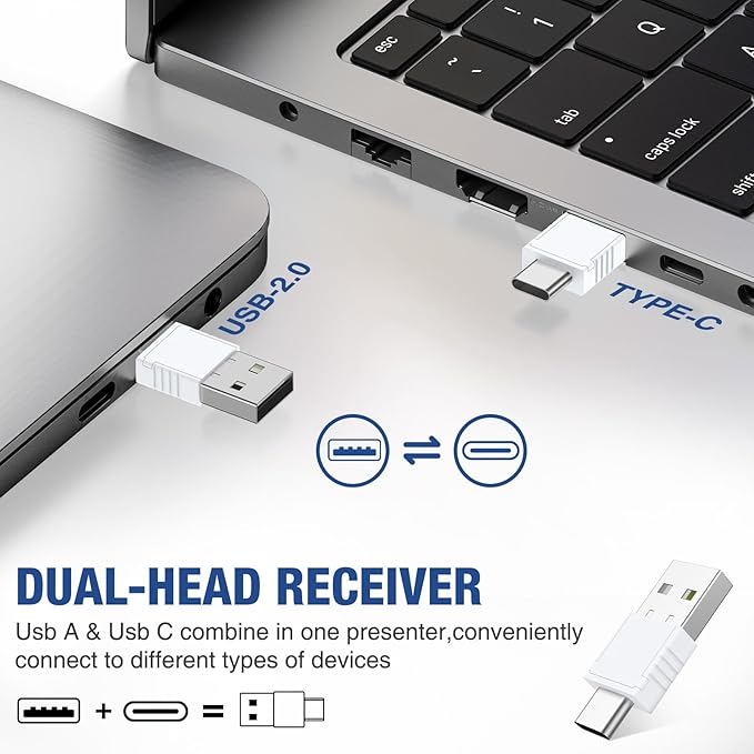 White USB C Presentation Clicker, Volume Control Wireless Presenter, RF 2.4GHz Presentation Remote PowerPoint Clicker Slide Advancer Pointer for Classroom/Office/Mac/PC