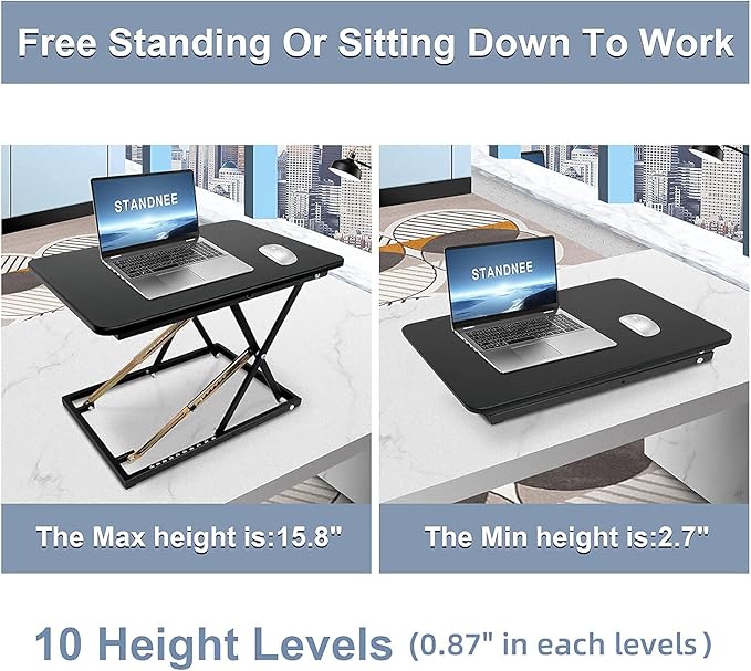 Standing Desk Converter Height Adjustable Stand Up Desk Riser - Supports 300 lbs, Fully Assembled Monitor/Laptop Riser Workstation, Black.