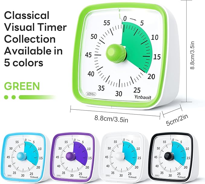 Yunbaoit Visual Timer with Night Light, 60-Minute Countdown Timer for Kids and Adults, Silent Classroom Timer, Time Management Tool for Home, School, or Work (Light Green)
