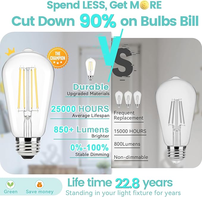 Brightever Edison Bulbs 60W Equivalent, 4000K Natural White Dimmable LED Light Bulb, 7W, 850LM Vintage E26 Light Bulb, 90+CRI, ST58 Clear Glass Antique Decor LED Filament Bulbs for Bedroom, 10 Pack
