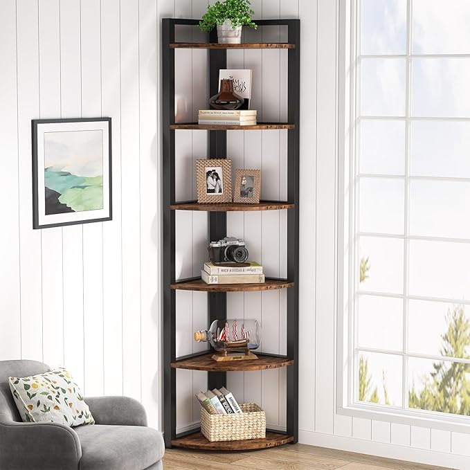 Tribesigns 6 Tier Corner Shelf, 70.9 Inch Tall Corner Bookshelf Small Bookcase Rustic Corner Shelving Unit Storage Rack for Living Room, Home Office, Kitchen, Small Space