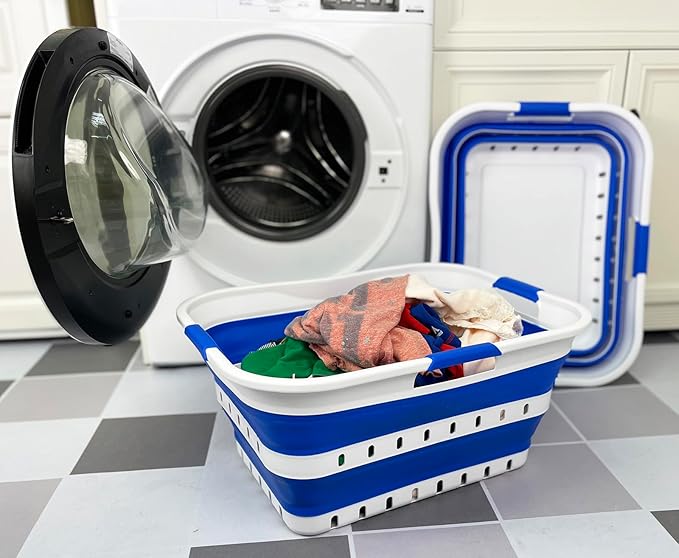 SAMMART 42L (11 gallons) Set of 2 Plastic Foldable Storage Basket/Container - Collapsible, Space Saving and Portable Laundry Hamper, Ideal for Home, Travel, Dorm (2, White/Dark Blue)