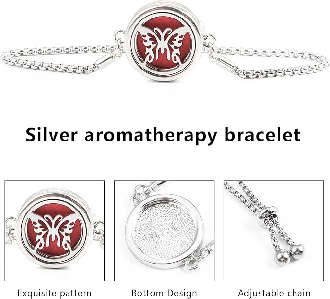 Essential Oil Diffuser Bracelet Aromatherapy Locket Adjustable Bracelet Stainless Steel Butterfly Bracelet with 10 Pcs Refill Pads for Women Girls