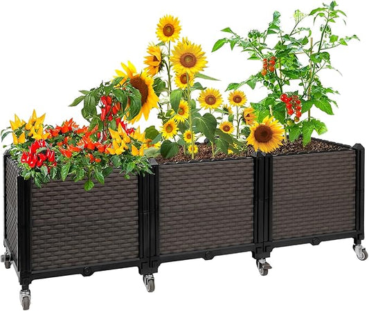 Raised Plant Box with Wheels 47.2"x15.7"x16.1", Raised Beds for Gardening Self Watering, Durable Metal Lockable Casters, Rectangular Garden Planter Perfect for Garden Patio Balcony Deck