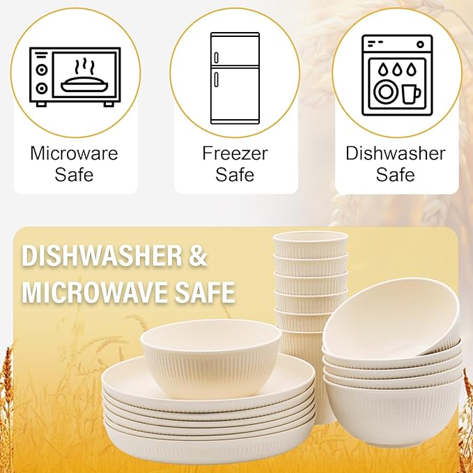 36pcs Wheat Straw Dinnerware Sets, Unbreakable Reusable Kitchen Cups Plates and Bowls Sets, Dishwasher and Microwave Safe Kitchenware Dishes Set for Home, Office, Travel,Picnic (Cream Color)