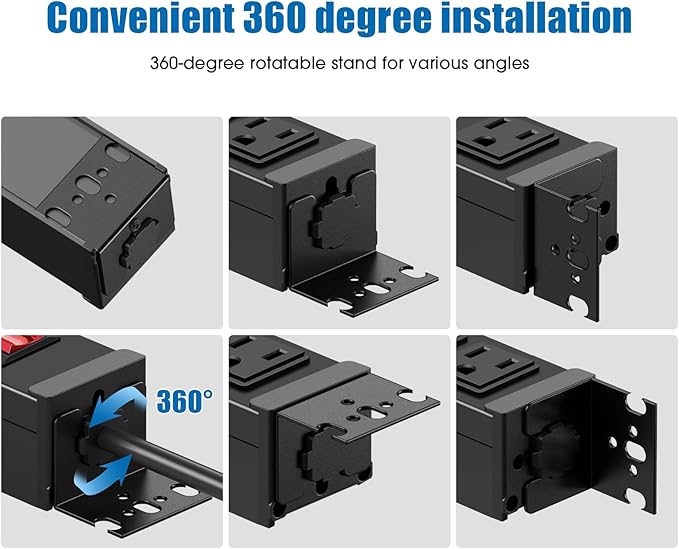 HHSOET Rotating Mountable Power Strip, 12 Outlet Wall Mount Surge Protector, Metal Heavy Duty and Versatile Outlet Strip, Stylish Appearance, Sturdy and Durable, 15ft Power Cord.(Black)