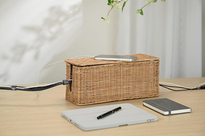 PEMAR Natural Rattan Wicker Cable Management Box, Cable Organizer, 2 Open Slots, Under Desk Cord Organizer, Cover & Hide Power Strips for TV Desk, Computer, Router, USB Hub (Natural Brown Color)