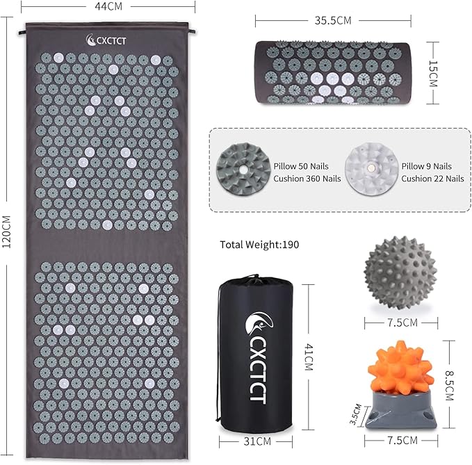 Extra Long Yoga Acupressure Mat Set,Massage Acupuncture Mat Large,Magnetic Mat Acupressure Body mat and Pillow for Neck Back Pain Relief(Grey)