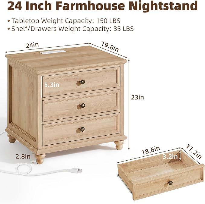 Farmhouse Nightstand with Charging Station, 24" Wide End Table with 3 Drawers,Natural Wood Dresser for Bedroom, Bed Side Table Chest of Drawers Cabinet,Night Stand for Living Room, Closet