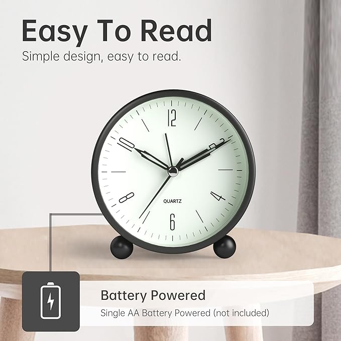 Analog Alarm Clock, 4 inch Super Silent Non Ticking Small Clock with Night Light, Battery Operated, Simple Design, Old Fashioned Style Black Decor, for Bedroom, Bedside, Desk, Adult, Kid, Gift, Black